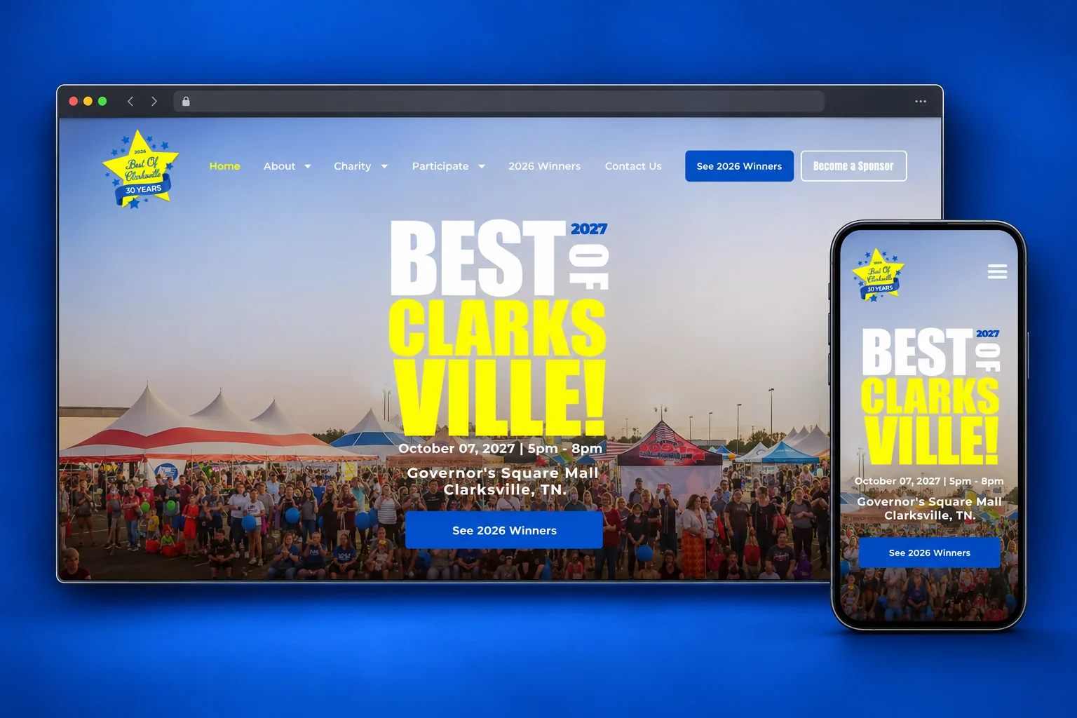 Best of Clarksville homepage presented in desktop and mobile mockups on cobalt blue.