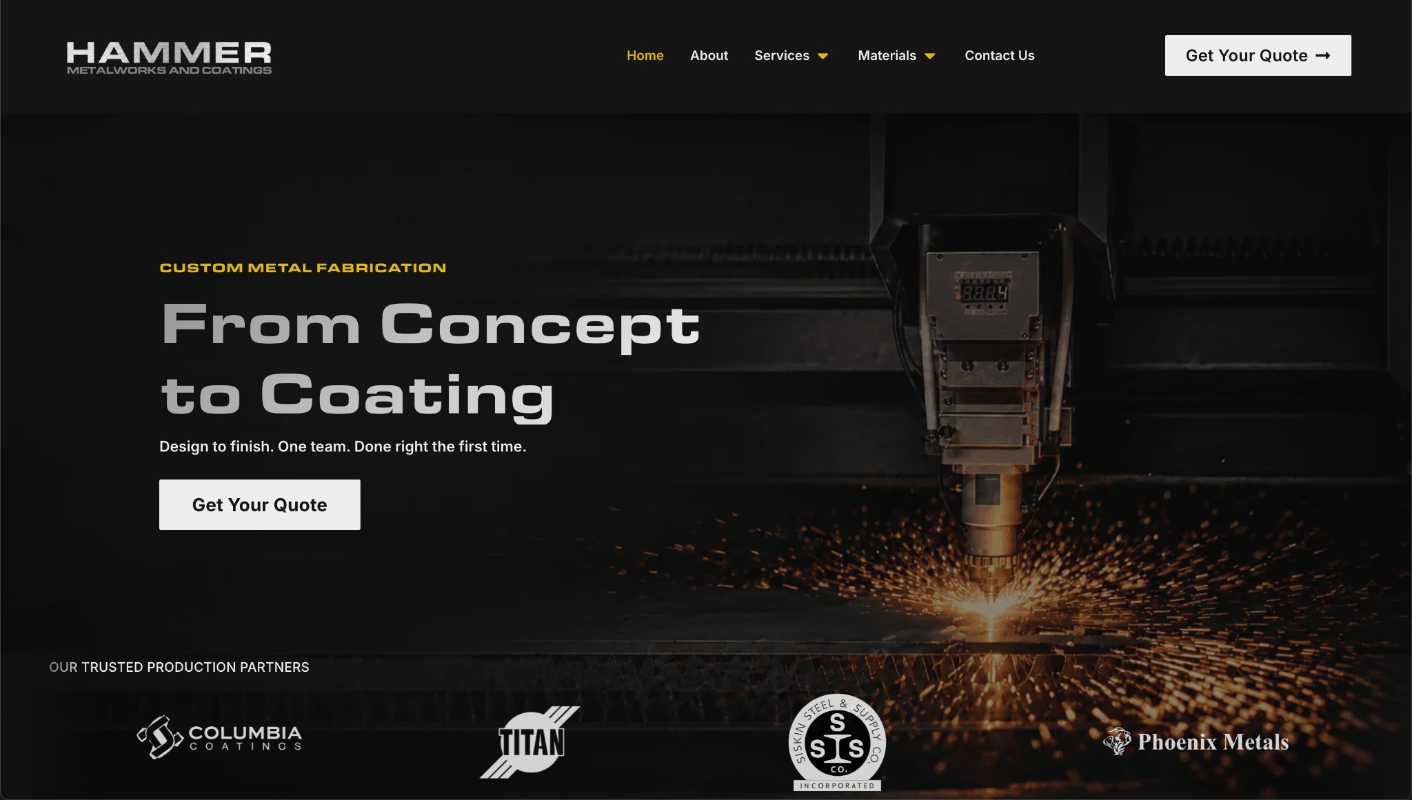 Hammer homepage: “From Concept to Coating” over a laser cutter, a Get Your Quote button, and production partner logos.