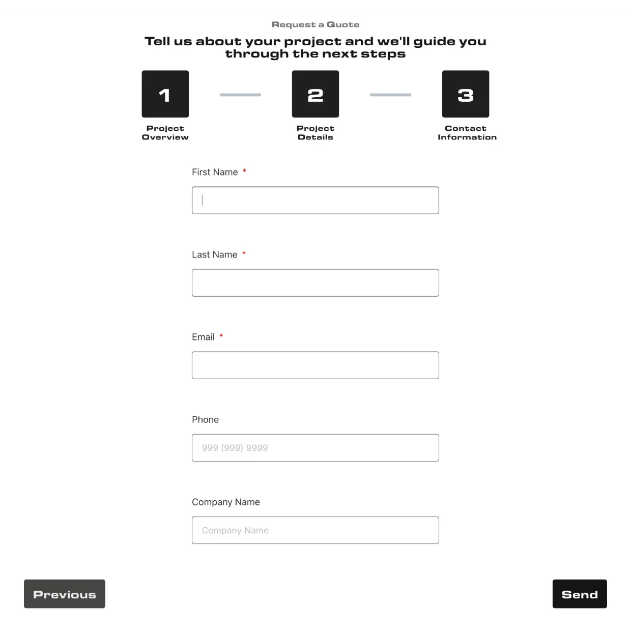 Quote step 3: first and last name, email, phone, and company name, with Previous and Send.