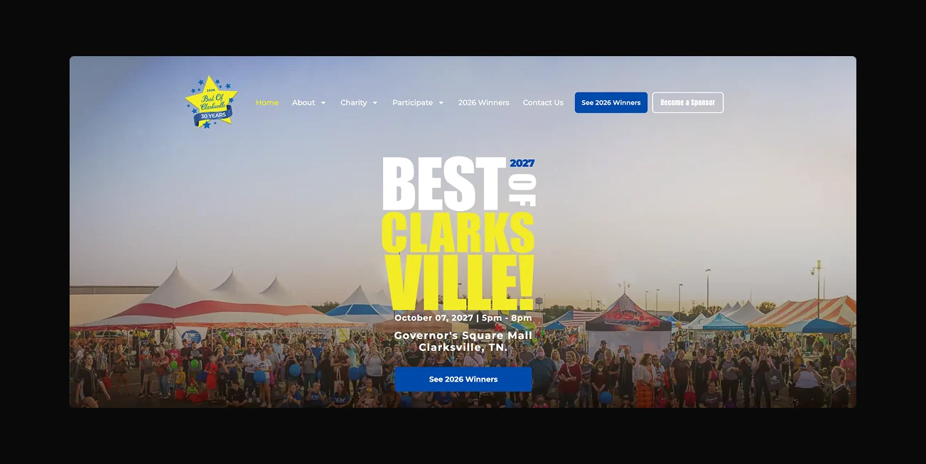 Best of Clarksville homepage hero with the 2027 event date, location, and a See 2026 Winners button.