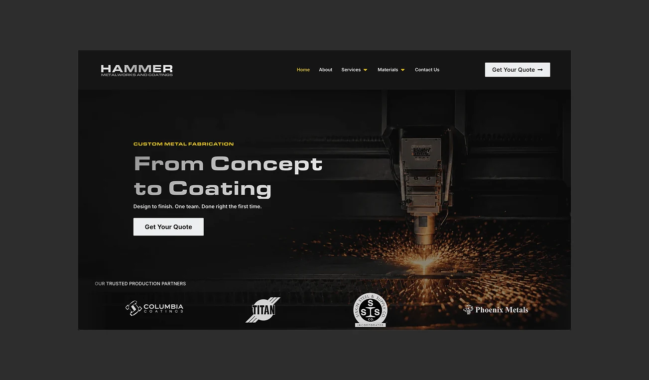 Hammer homepage hero: “From Concept to Coating” over a laser cutter, with a Get Your Quote button and production partner logos.