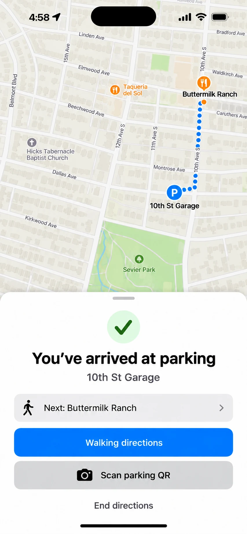 Arrival at parking, with walking and QR actions.