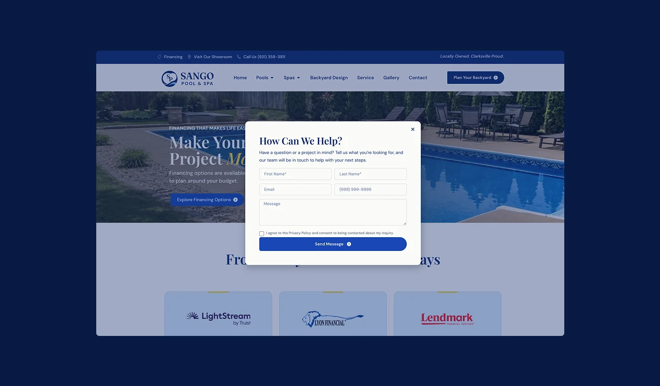 Sango inquiry form with contact details, message, and consent fields.