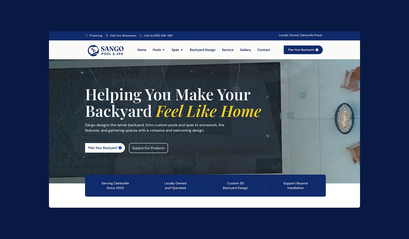 Sango homepage hero with the headline “Helping you make your backyard feel like home” and routes to plan a backyard or explore products.