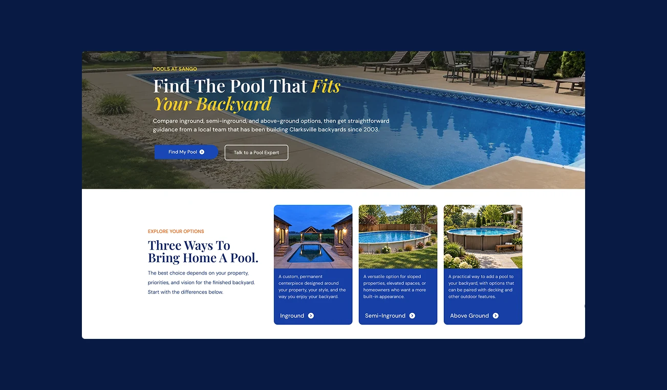 Sango pools page splitting visitors into inground, semi-inground, and above-ground paths.