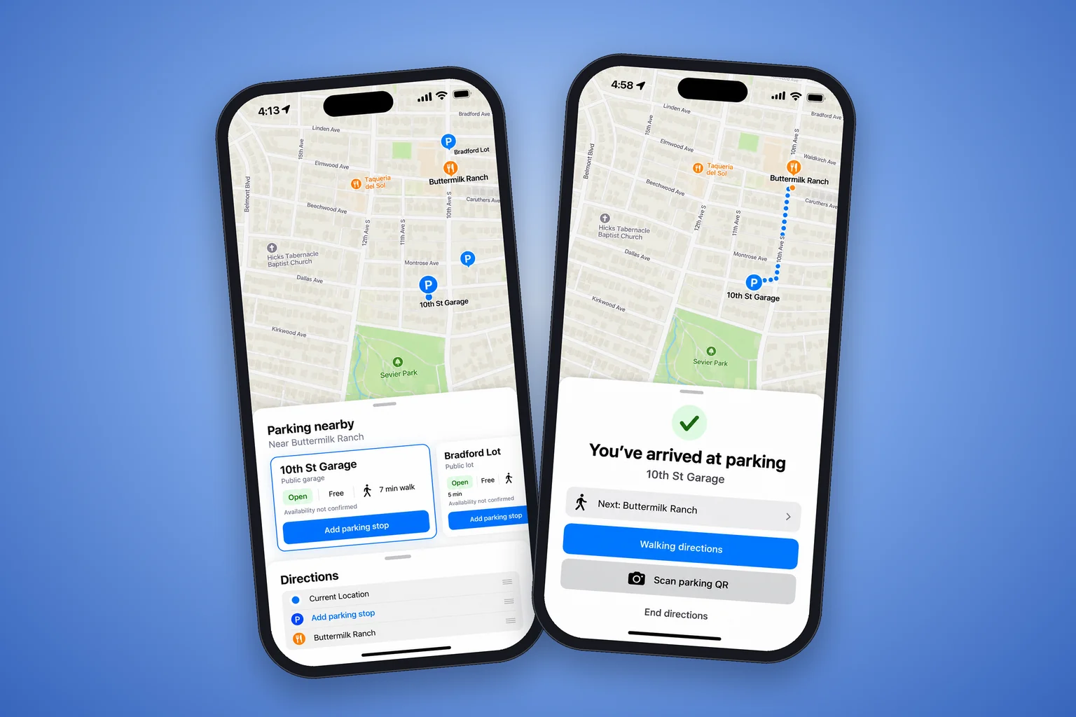 Two ParkZen phone screens on blue: horizontal parking cards to compare nearby lots, and the arrival screen with walking directions and a Scan parking QR action.