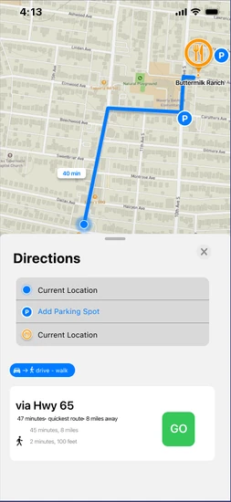 Revised directions screen with an Add Parking Spot field.