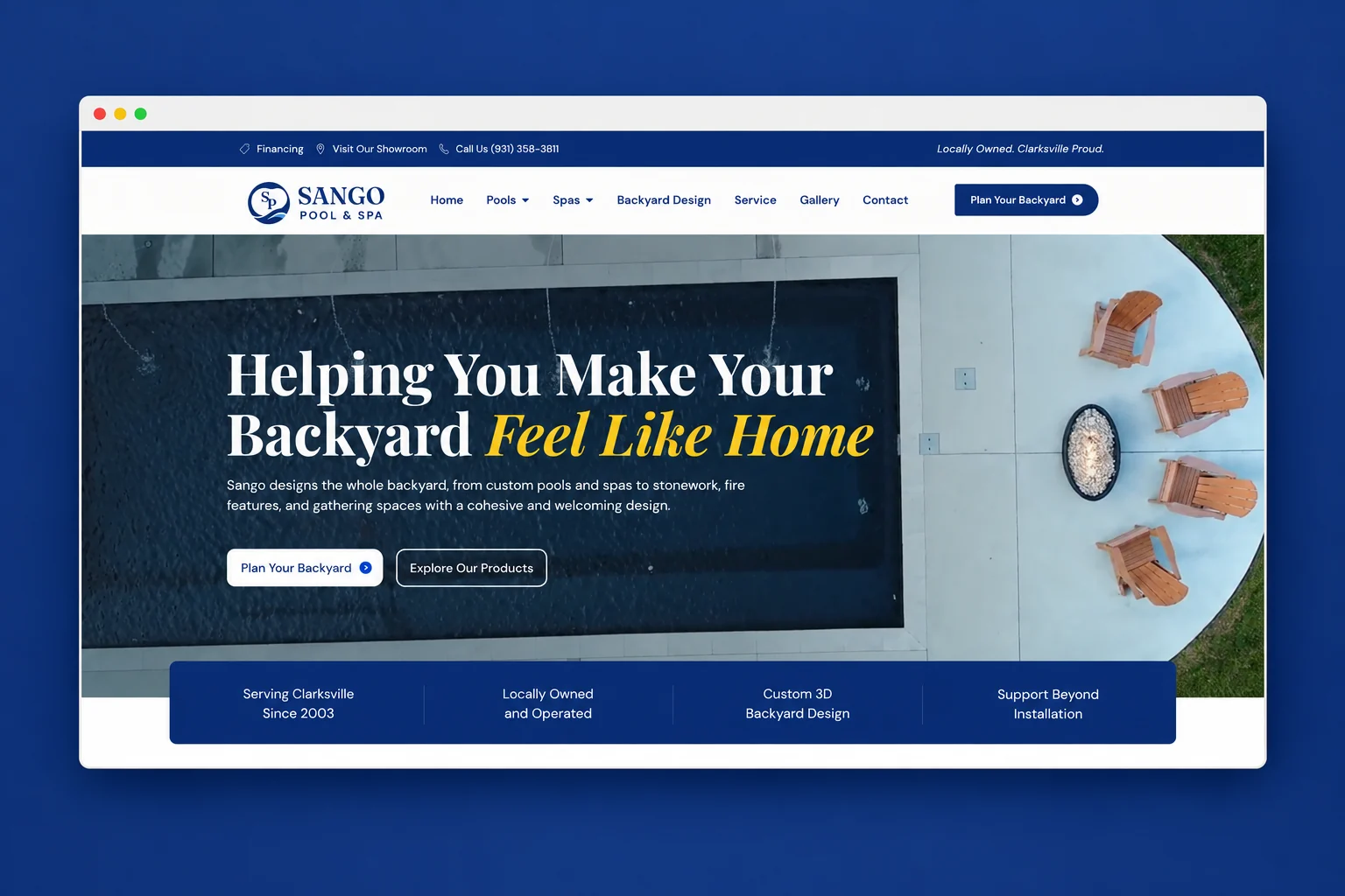 Sango homepage presented in a single browser mockup on navy.