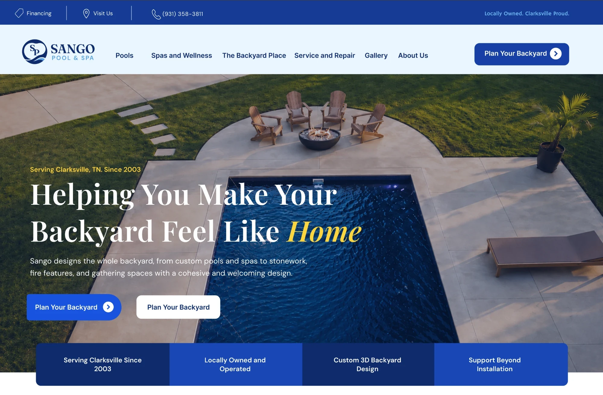 Sango mid-fidelity homepage in Figma: navy navigation, a backyard pool photo with blue overlays, the serif headline with “Home” in yellow, and four blue trust tiles.