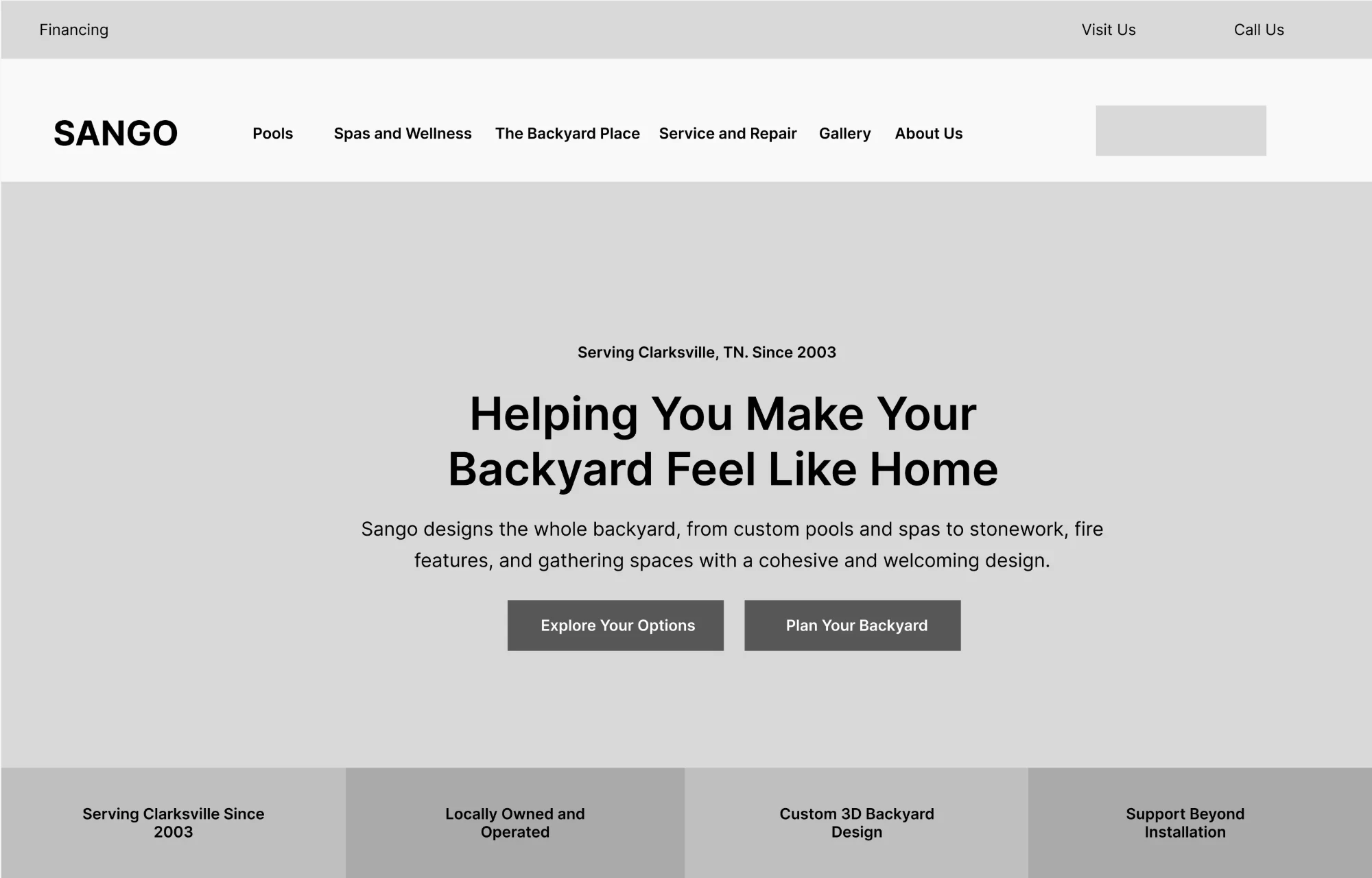 Sango homepage wireframe: navigation, the headline “Helping You Make Your Backyard Feel Like Home,” two calls to action, and four trust points along the bottom.