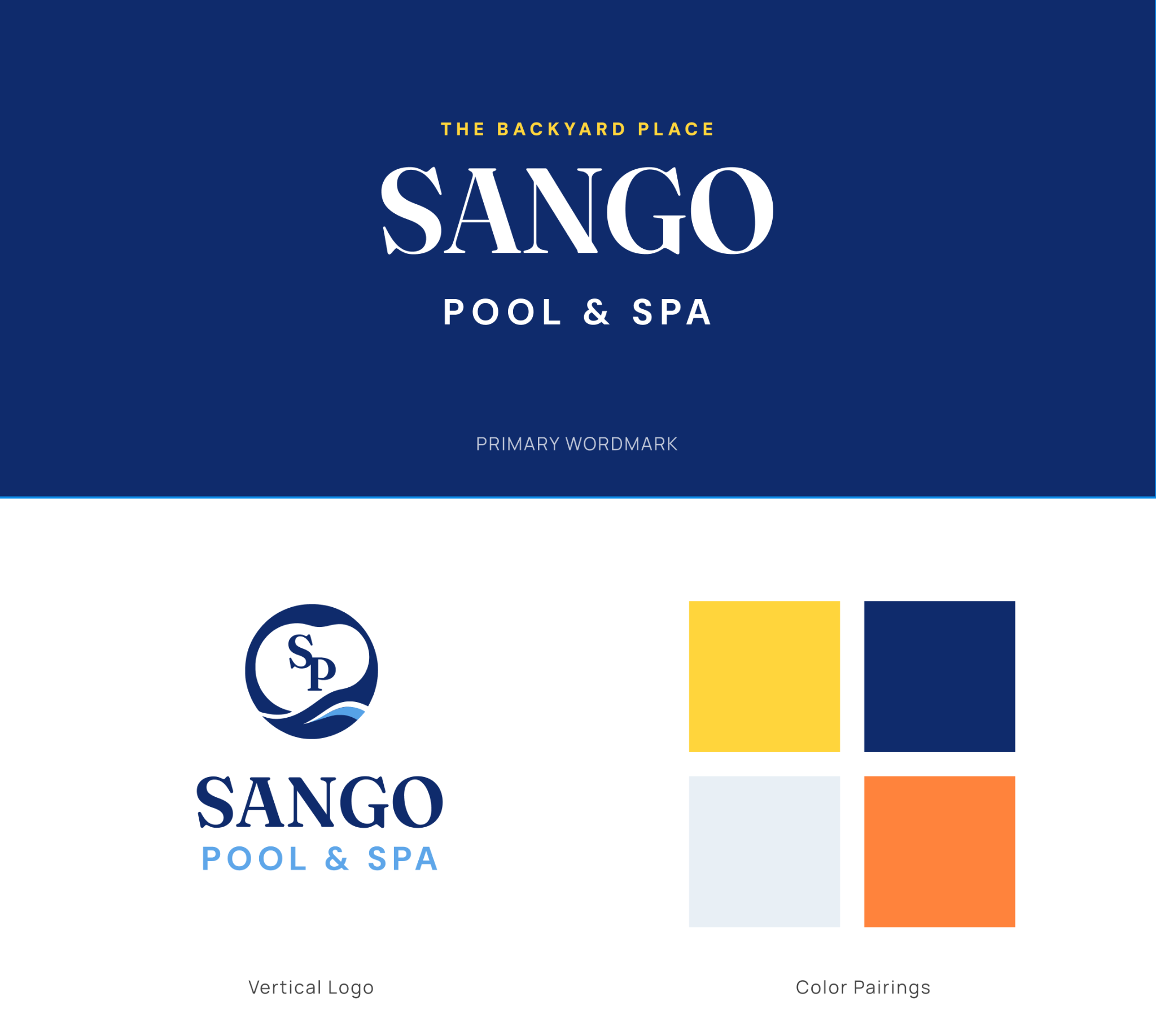 Sango identity with navy and gold, pale blue and orange, and a serif wordmark.